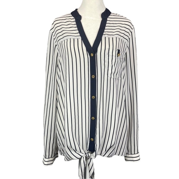 Anne Klein Camellia Midnight Stripe Blouse Navy White Size Medium - Picture 1 of 10